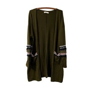 Hipster Row Womens Olive Green Embroidered Tassel Sleeve Cardigan Size XL